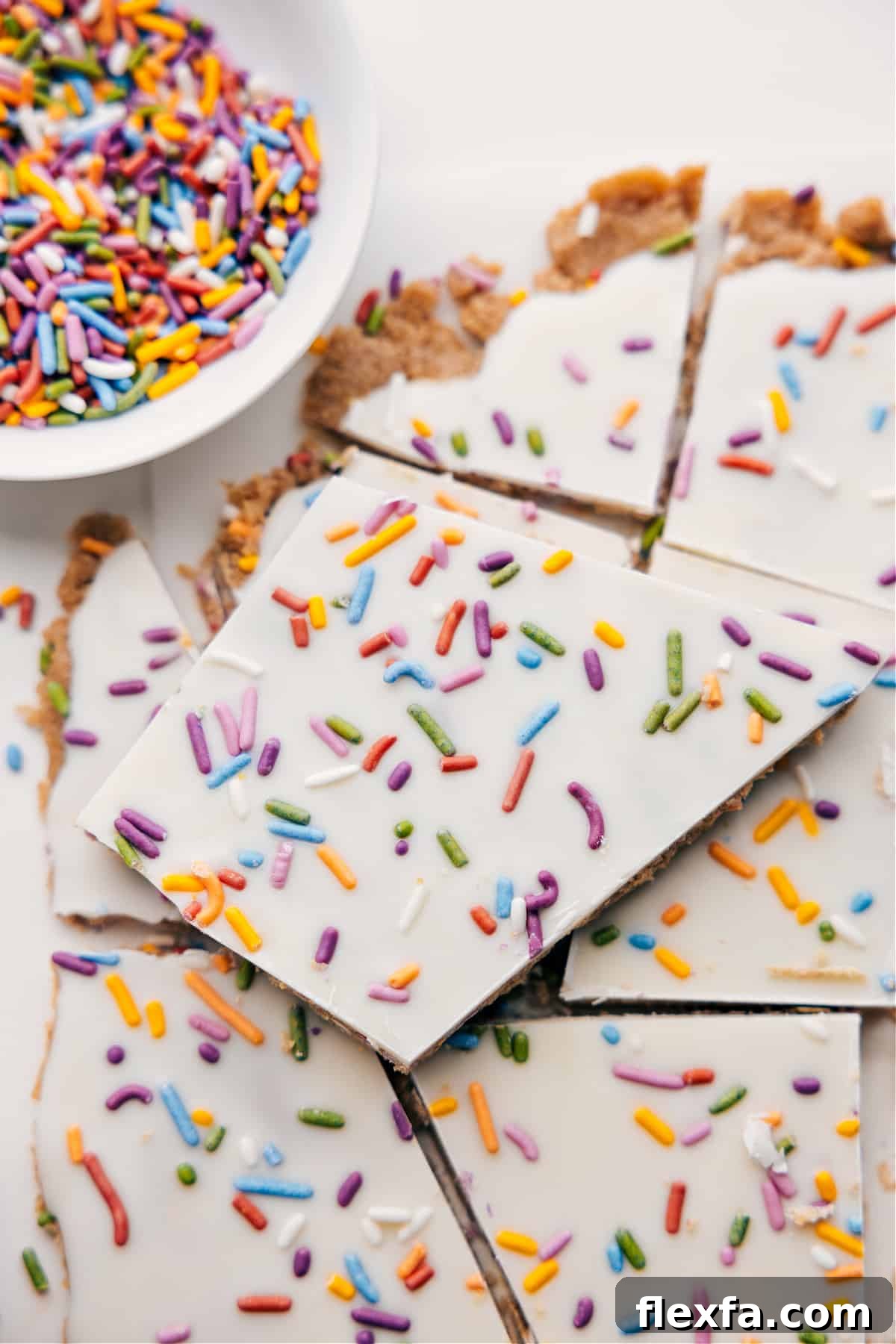 Sprinkle-covered cake batter bark is one of the most fun and colorful easy recipes for kids.