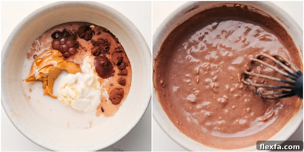 All the ingredients for this Peanut Butter Overnight Oats recipe whisked together in a bowl.
