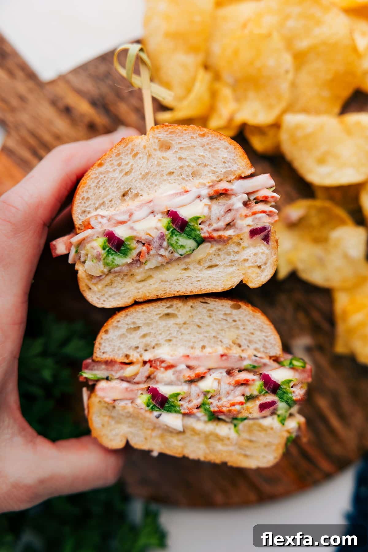 Chopped Italian sandwich with cold cuts, provolone, crisp veggies, and dressing.