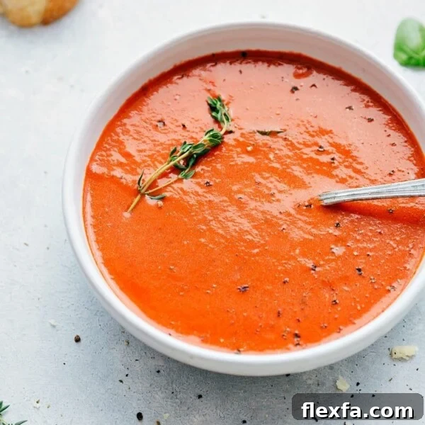 Million-Dollar Soup Recipe: Rich, Creamy Homemade Comfort 9 Tomato Basil Soup recipe in a bowl with fresh thyme.