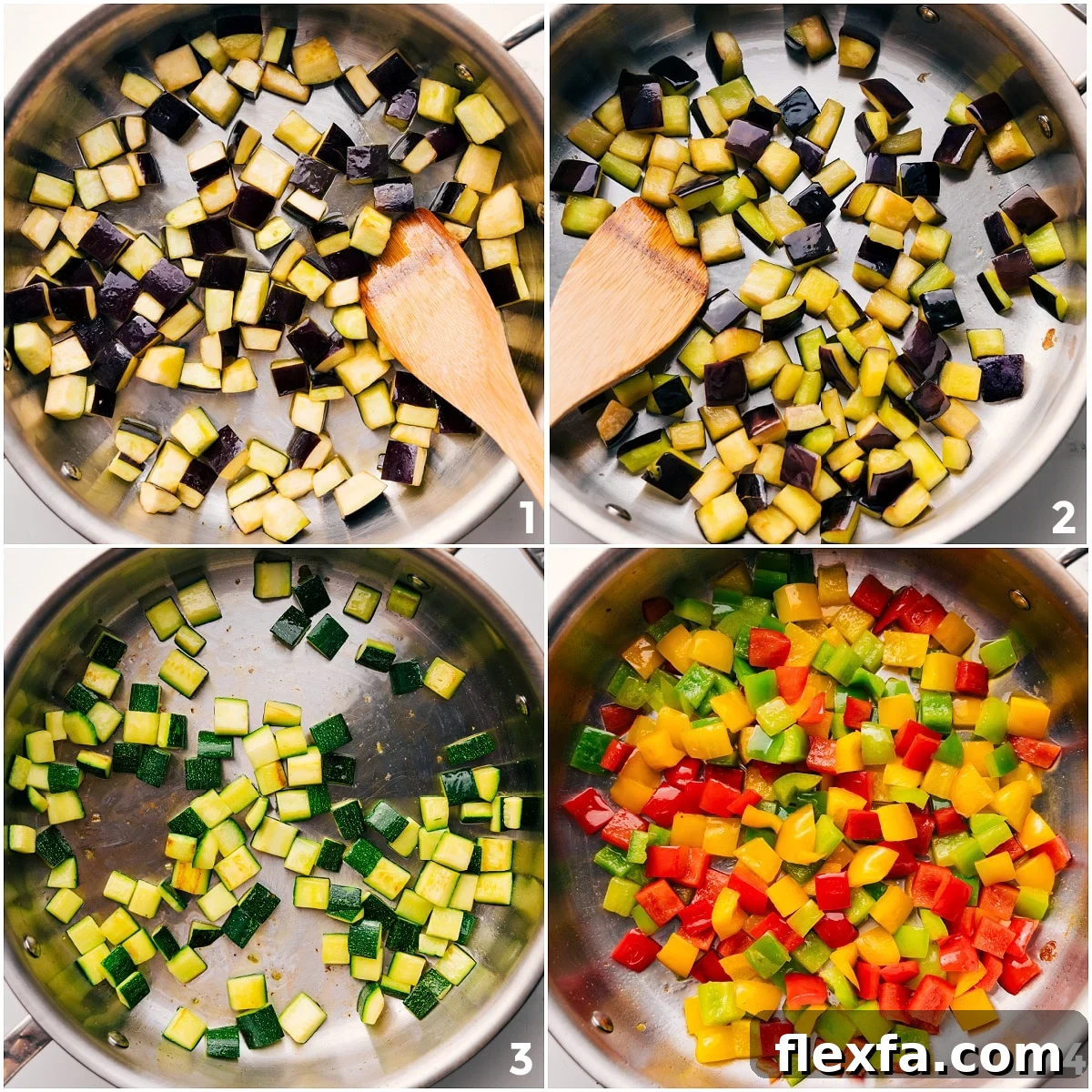 Sautéing the eggplant, zucchini, and peppers to tender perfection.