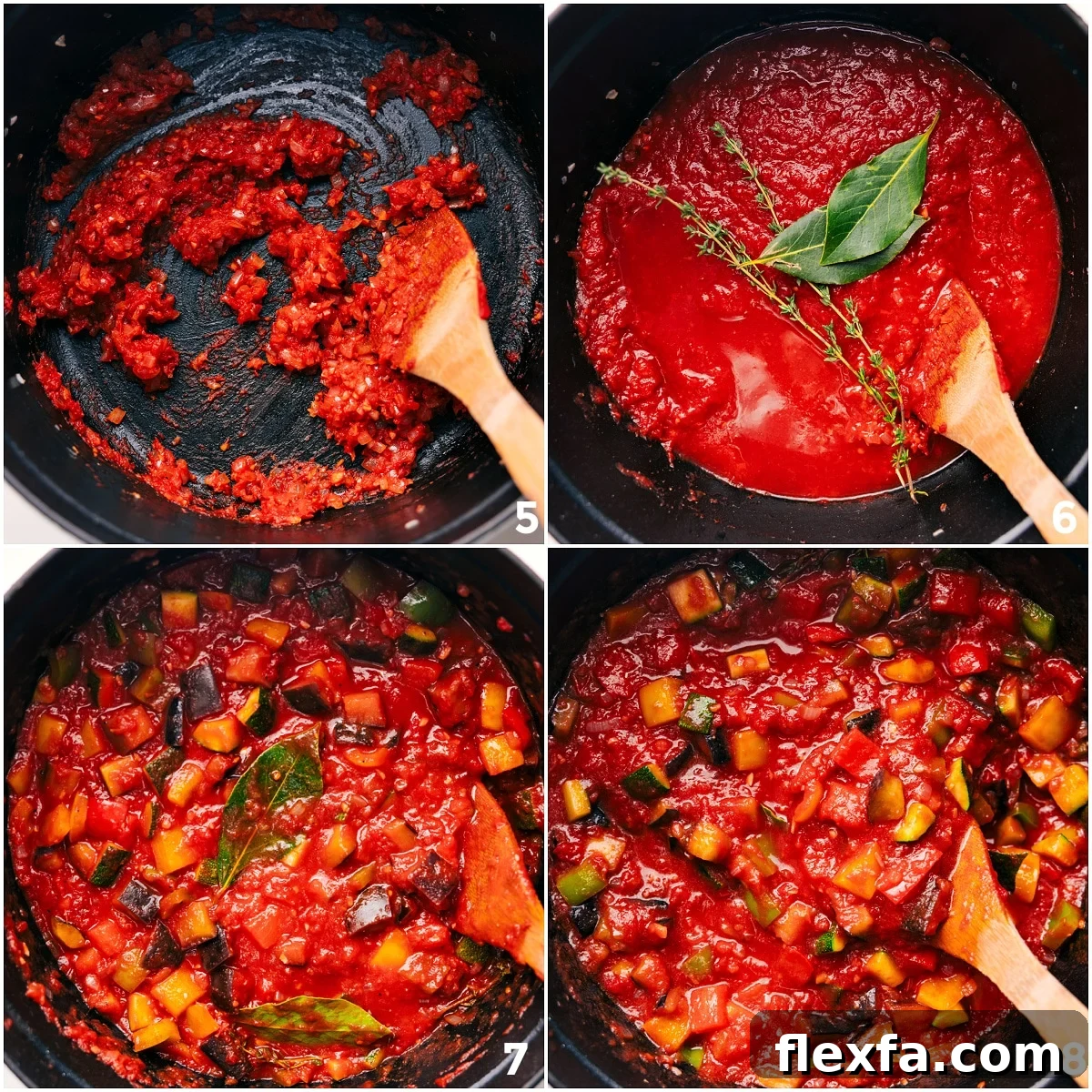 Sautéing the onions with tomato paste, then adding crushed tomatoes, vegetables, and fresh herbs for Ratatouille Soup.