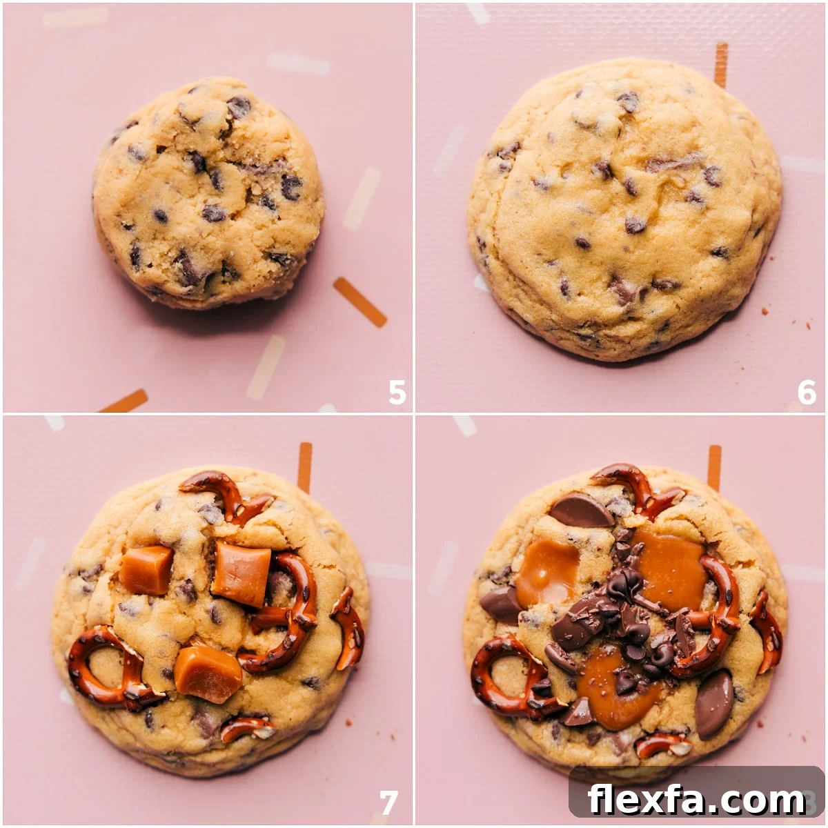 Baking up the cookies and adding in the caramel and pretzels at the end.