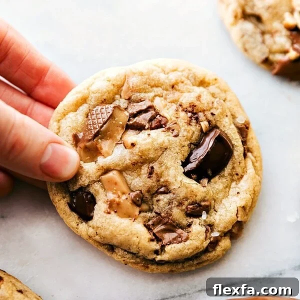 Freshly baked toffee cookies held in hand, still warm and ready to be savored.