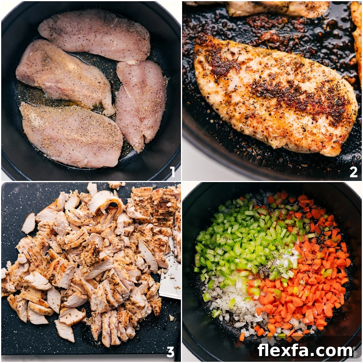 Chicken cooked through and removed from the pot to be chopped, with mirepoix added to sauté for this Creamy Chicken Soup Recipe.