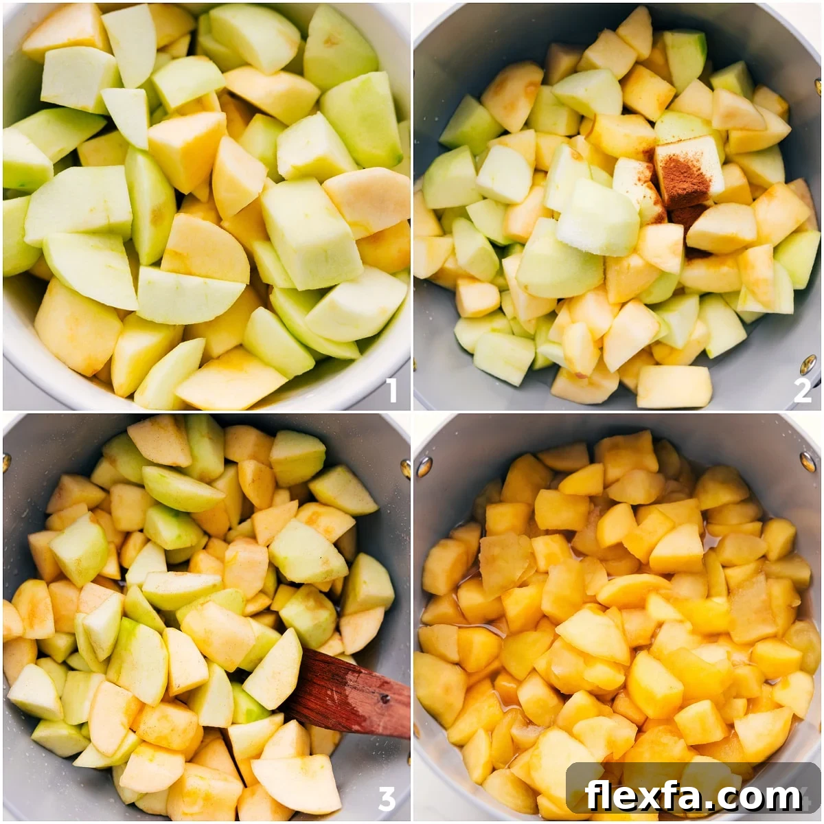 The apples peeled and chopped, then added to a large pot with cinnamon, salt, and maple syrup for this applesauce recipe.