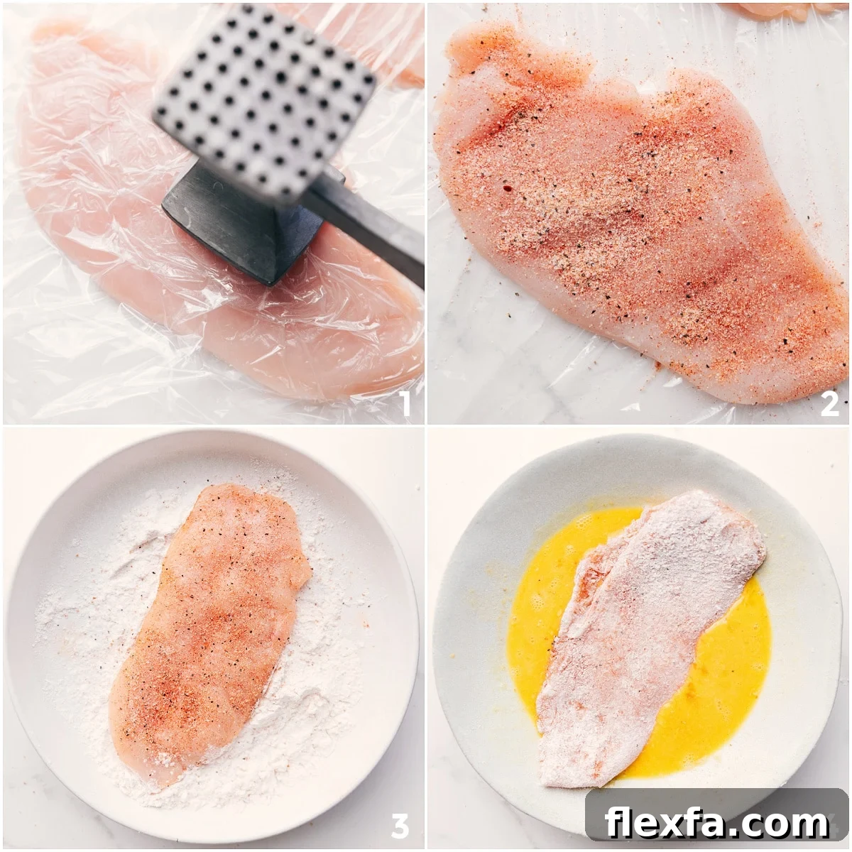 The chicken pounded to an even, thin thickness, then breaded and dipped in egg wash for this Chicken Milanese recipe.