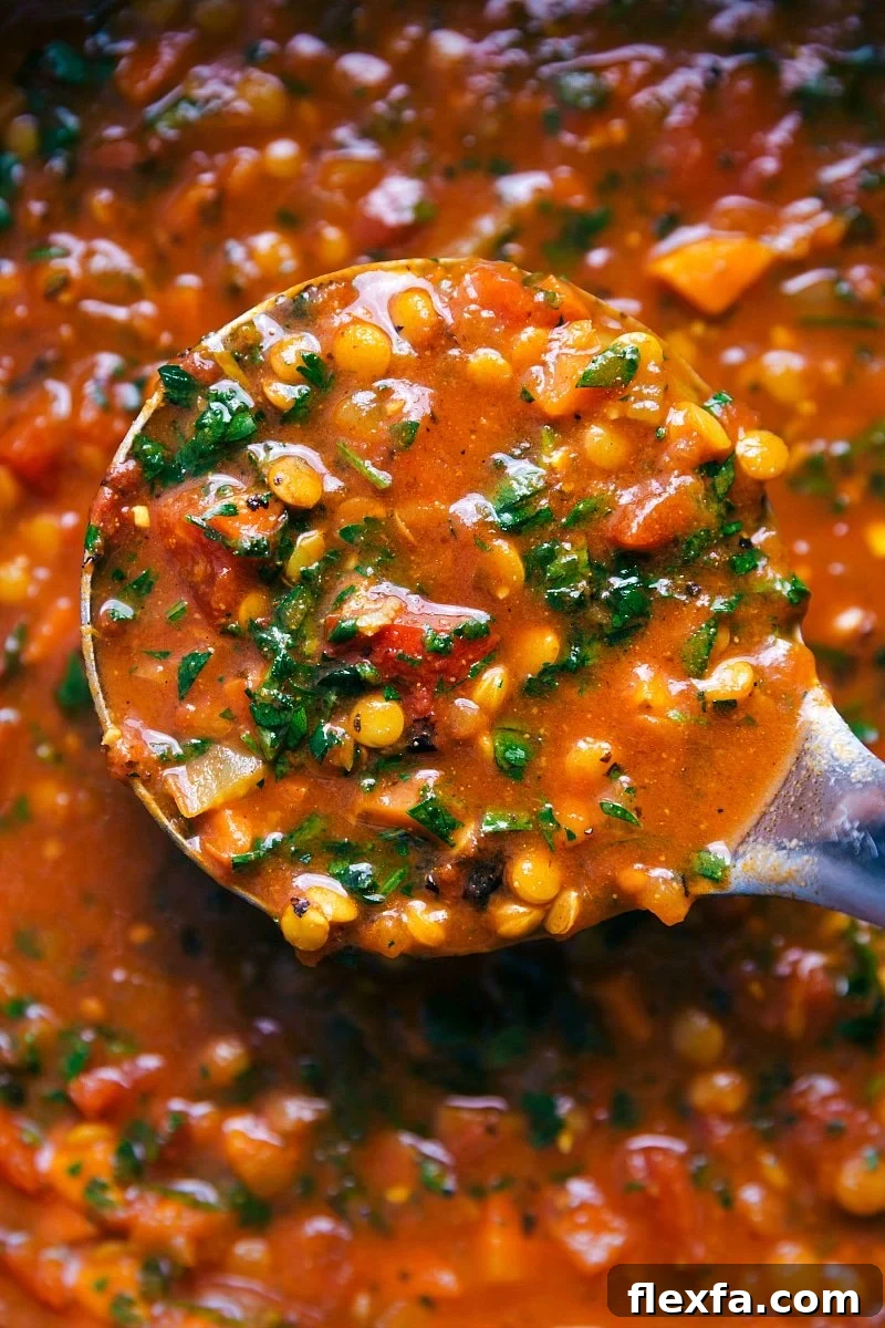 Thick lentil soup packed with tender lentils and vegetables, a hearty choice for healthy soup recipes.