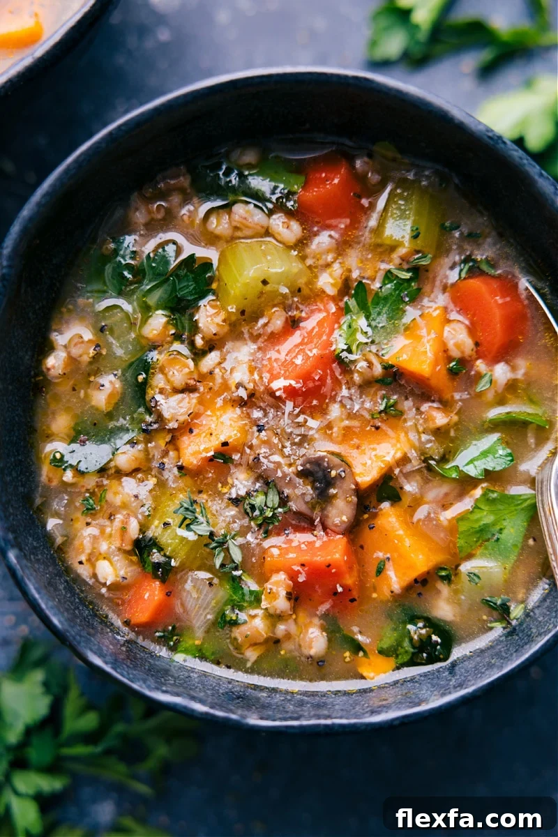 Farro soup loaded with vegetables & tender farro, one of these filling healthy soup recipes.