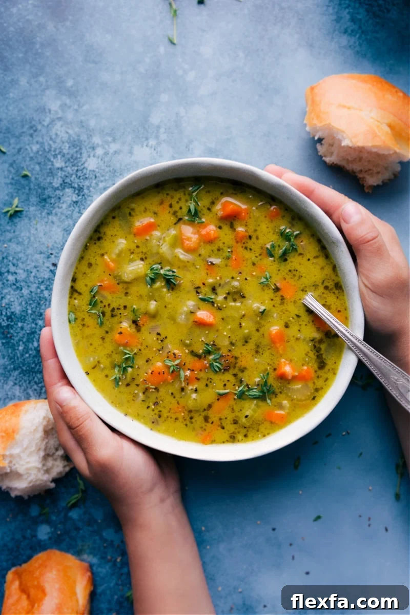 Vegetarian split pea soup packed with vegetables and creamy split green peas perfect for this healthy soup recipes roundup.