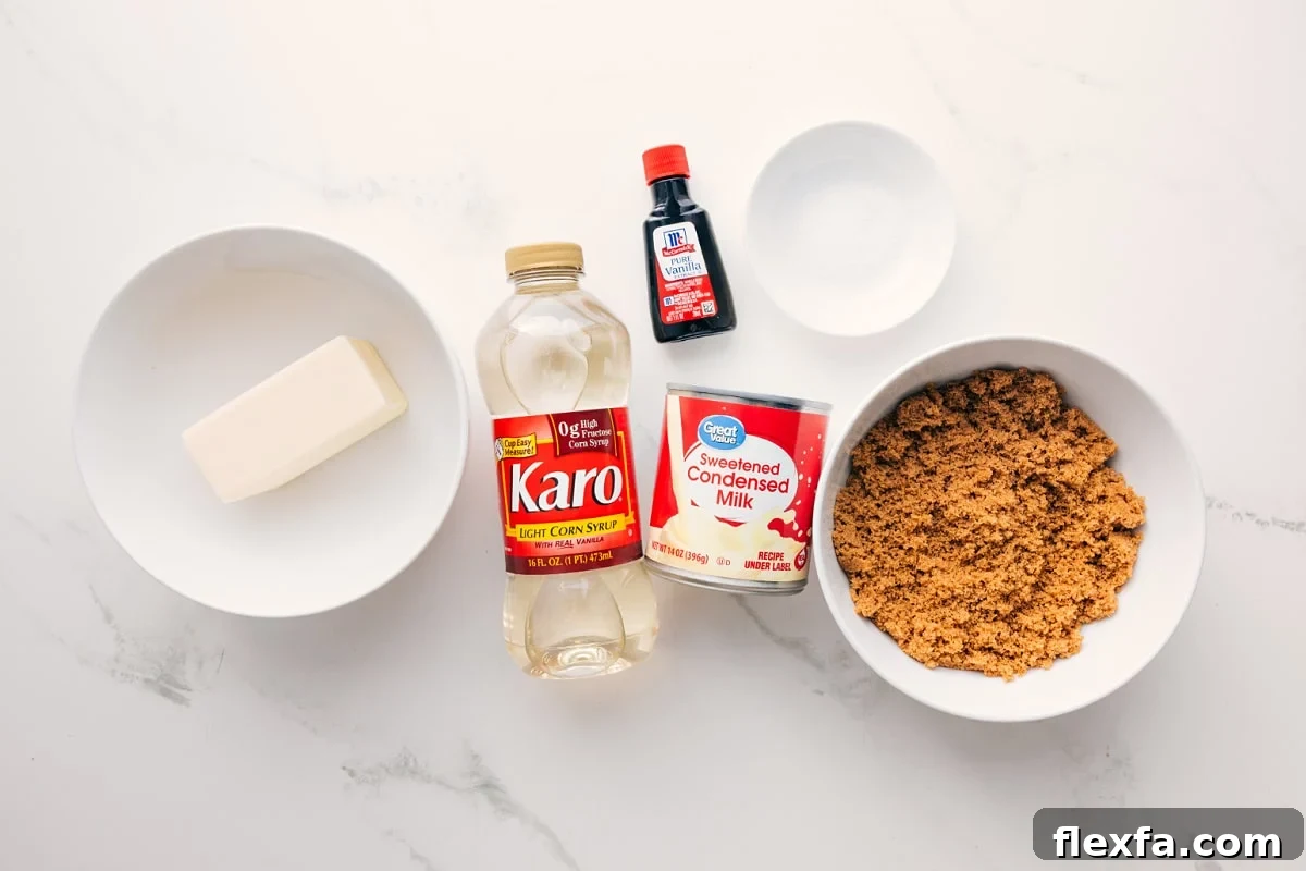 Homemade Caramel Sauce Recipe: Smooth, Pourable Topping 4 All the ingredients in this recipe prepped out for easy assembly including the butter, corn syrup, sweetened condensed milk, brown sugar, vanilla, and salt.