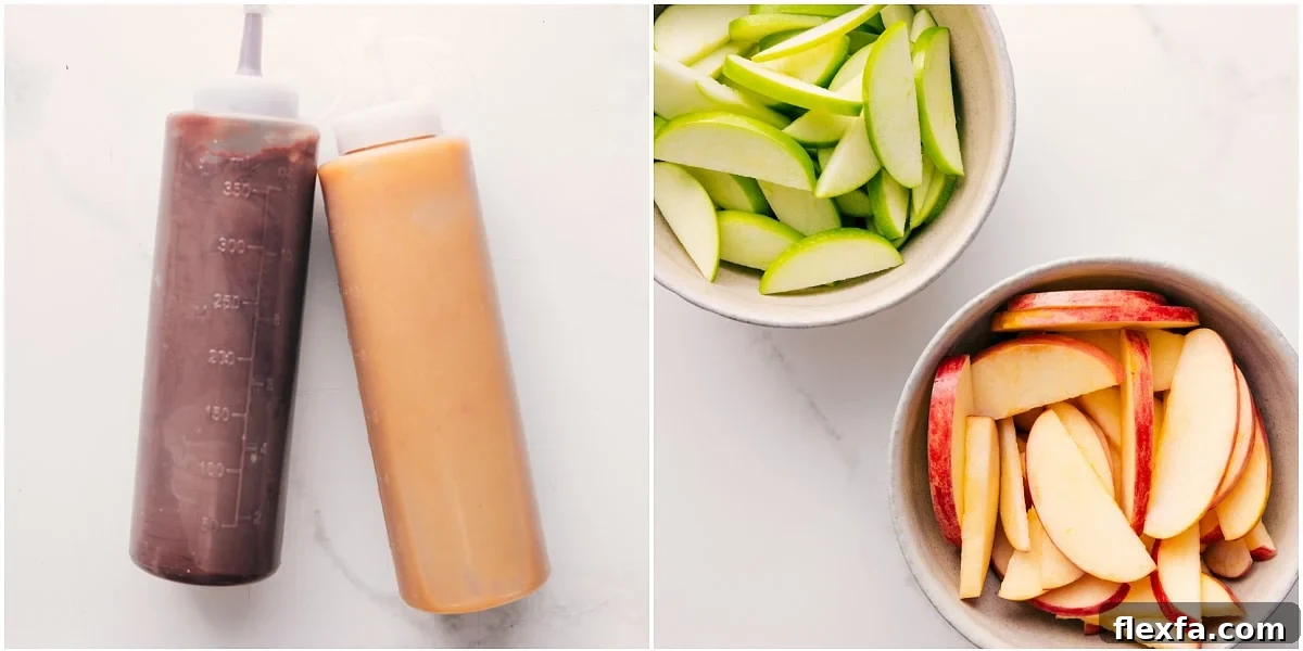 Prepping the chocolate sauce and caramel sauce into squeezable containers and slicing the apples for these apple nachos.