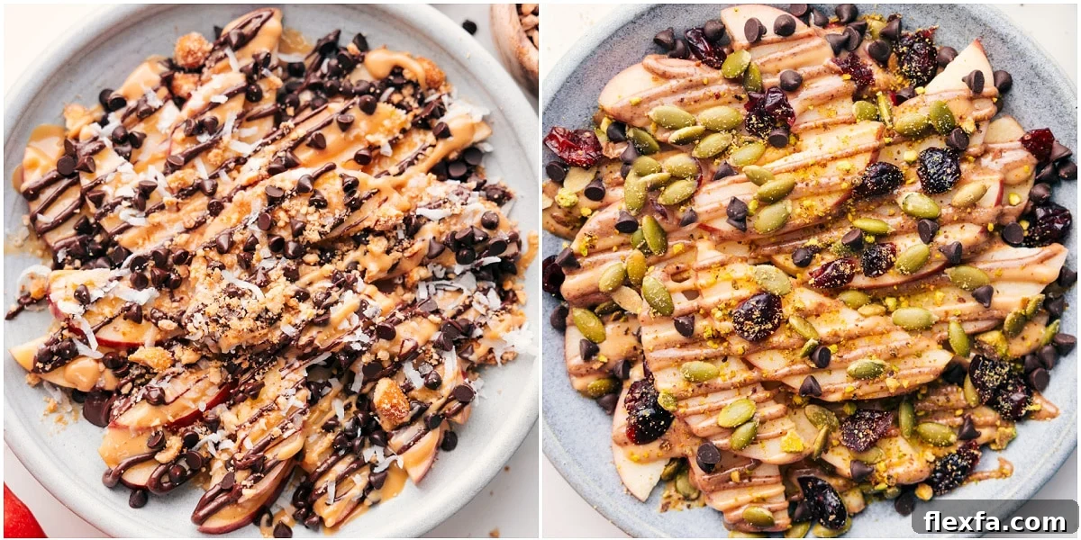 Two topping options: chocolate and caramel, or almond butter, pepitas, and chocolate chips.