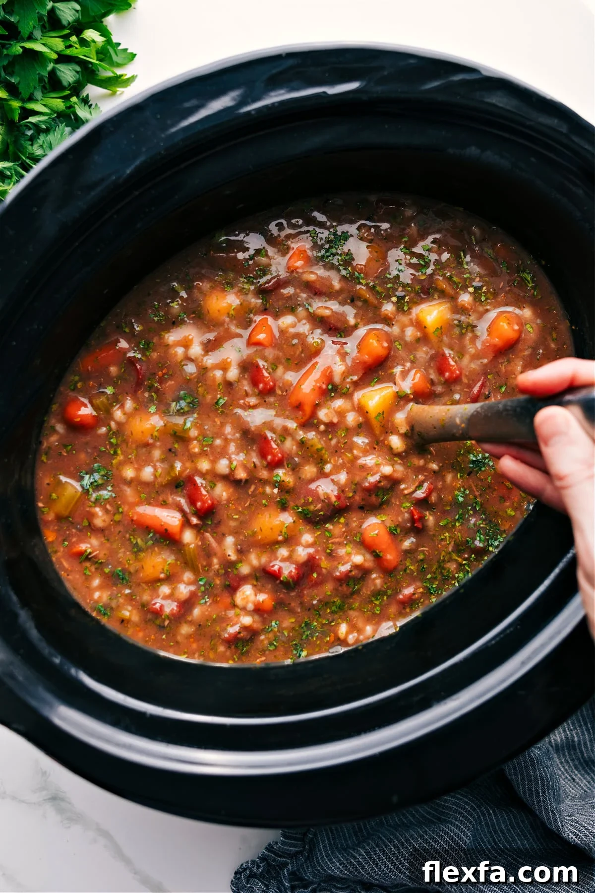Easy Beef and barley soup in the slow cooker.