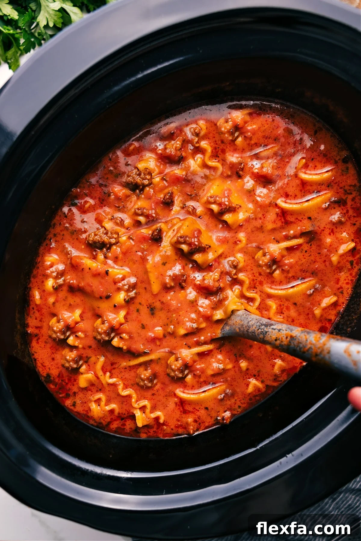 Crockpot lasagna soup in the slow cooker.