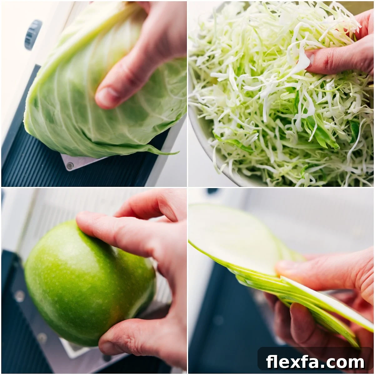 Thinly slicing the cabbage and apples for this apple fennel slaw.