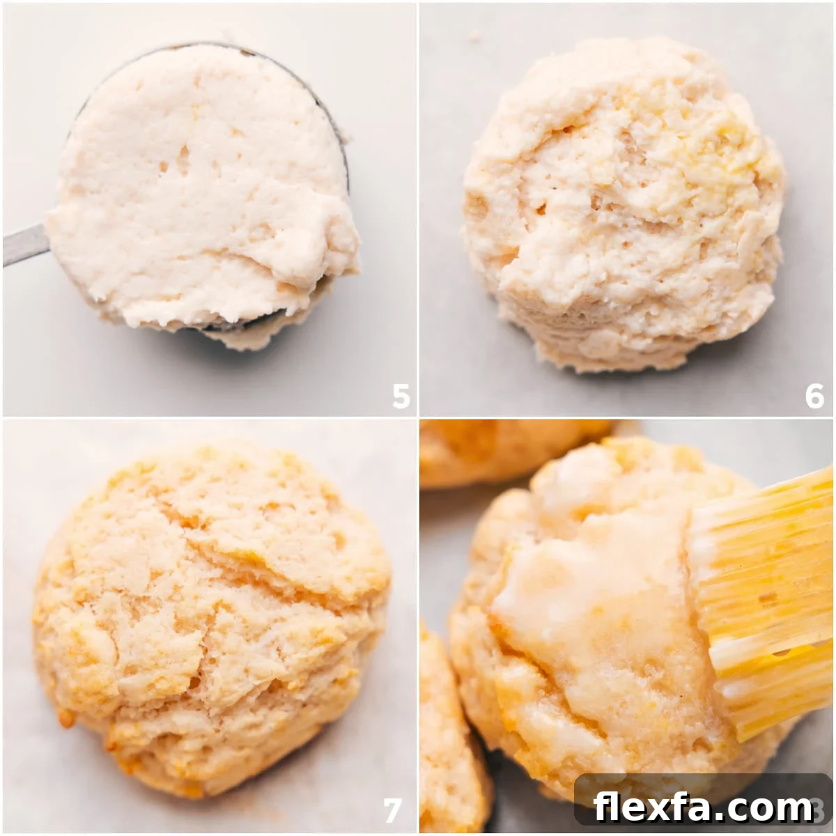 How to Make Fluffy Southern Drop Biscuits 6 Biscuit dough scooped with a measuring cup, placed on a sheet pan, baked until golden, and brushed with melted butter.